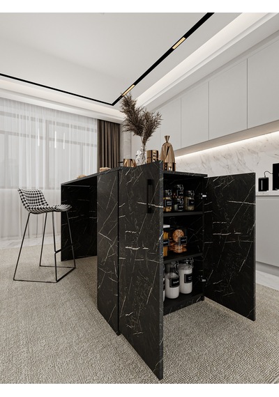 Asra Trend Mutfak Adası MA-04 %100 MDF Dolaplı Yemek ve Bar Masası Royal Mermer