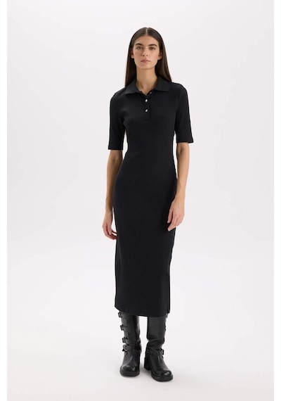 Defacto Bodycon Vücudu Saran Polo Yaka Fitilli Kaşkorse Kısa Kollu Midi Elbise D8296ax25spbk81 Siyah