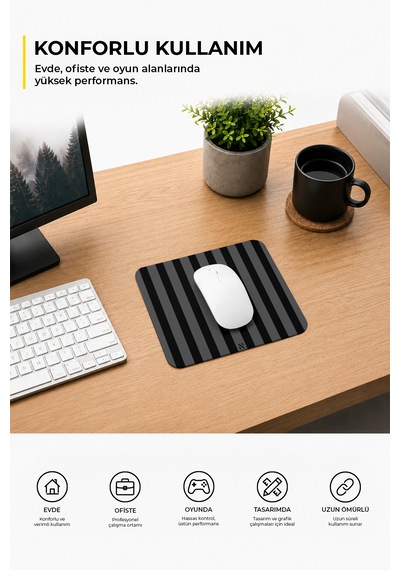 Siyah Renkli Çizgili Ergonomik Mouse Pad, Kaymaz Yüzey İle Ev Ve Ofis Kullanımı İçin İdeal