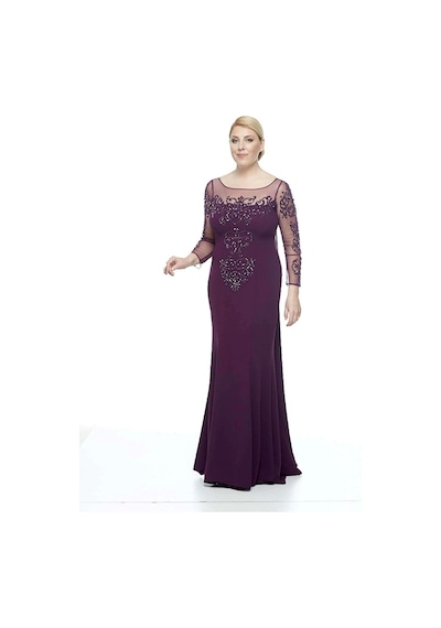 Moda Berray Kadın Uzun Kollu Arkası Şifon Kuyruklu Abiye Elbise Mürdüm 8028 Mürdüm