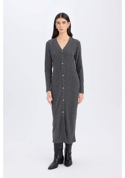 DeFacto Bodycon Vücudu Saran Basic Düz V Yaka Düğmeli Fitilli Kaşkorse Midi Uzun Kollu Elbise B3261AX24WNAR208 Antrasit DeFacto Bodycon Vücudu Saran Basic Düz V Yaka Düğmeli Fitilli Kaşkorse Midi Uzun Kollu Elbise B3261AX24WNAR208 Antrasit