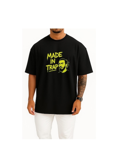 Bahriyeli Collection Oversize Ezhel Graffiti Style - Made İn Trap Göğüs Tasarımlı Unisex T-shirt Siyah