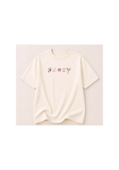 Herkesemoda Minimal Baskı Detaylı Kadın Bisiklet Yaka Pamuklu T-shirt Krem