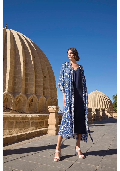 Monamise Kadın Dantelli Dekolteli Yaprak Desenli Kimono Takımı 23038 Çok Renkli