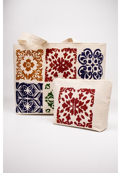 Fabric Craft Bag Kanvas Plaj Çantası Büyük Boy Astarlı Desenli Omuz Çantası Küçük Çantalı 50x35 Krem