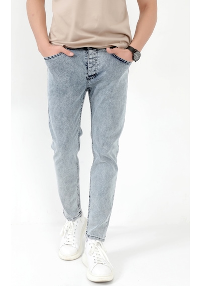 Giysa Erkek Skinny Jean Mavi Kar Yıkama Düğme Kapamalı Likralı Kot Pantolon - 5602 Mavi