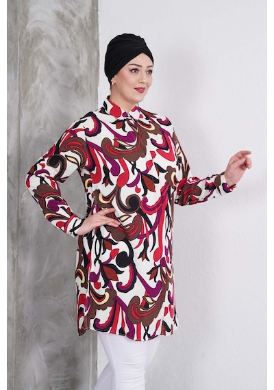Polologin Butik Karışık Desenli Beyaz Gömlek Tunik Beyaz & Kırmızı & Kahverengi