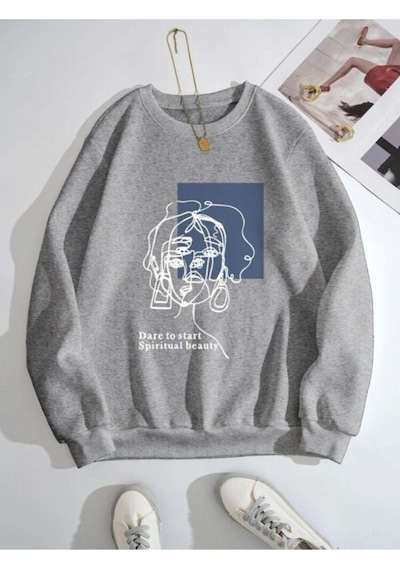 Spiritual Çizgi Figür Sweatshirt - Gri Baskılı Oversize Kalın Kışlık Bisiklet Yaka Gri
