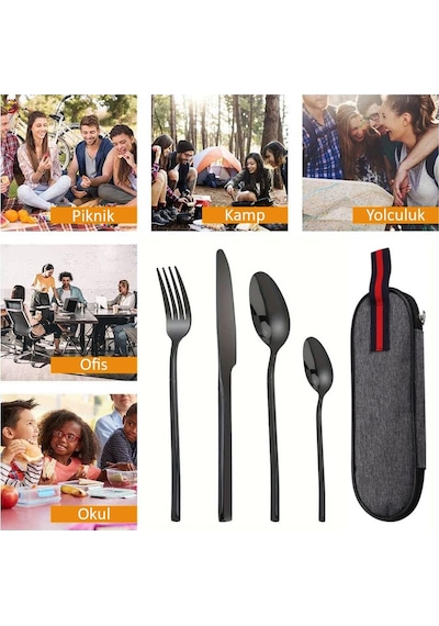 Valkyrie Çantalı Yolculuk Çatal Kaşık Bıçak Seti Kişiye Özel 1. Sınıf Paslanmaz Çelik Ofis Okul Kamp Restaurant C3404 Siyah