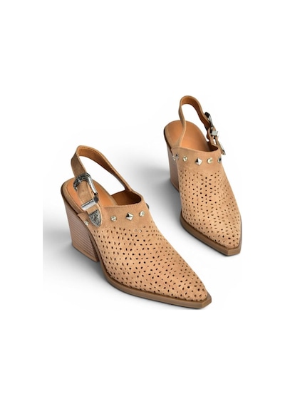 Fox Shoes Y654329102 Vizon Hakiki Deri Süet Zımba Detaylı Western Topuklu Ayakkabı