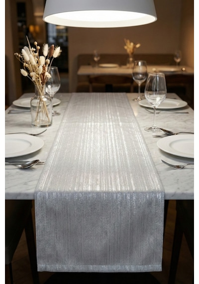 Lumen Serisi Simli Runner Gold / Silver , Premium Çeyizlik Lüks Şık Masa Örtüsü Runner 40x150 Cm Gümüş