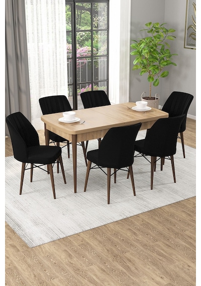Arel Meşe 80x132 Açılabilir Mdf Masa Yemek Odası Takımı, Mutfak Takımı 6 Adet Sandalye Meşe Masa - 6 Siyah - Meşe Ayak Arel Meşe 80x132 Açılabilir Mdf Masa Yemek Odası Takımı, Mutfak Takımı 6 Adet Sandalye Meşe Masa - 6 Siyah - Meşe Ayak