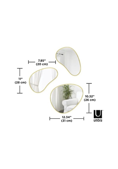 Hubba Pebble Duvar Montaj Aynaları, 3'lü Set, Pirinç Çok Renkli