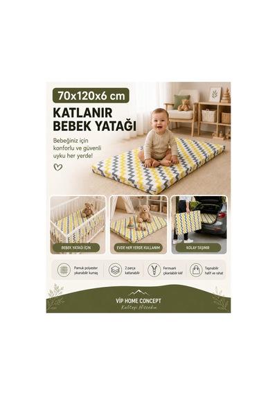 Katlanır Çocuk Yatağı Sünger Yer Yatağı Oyun Minderi Taşınabilir 70x120x6 Cm-sarı Gri Zikzak 70 x 120 CM