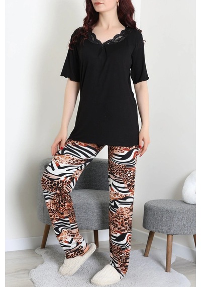 Modi Dantelli Pijama Takımı Siyah - 71502.1773. Açık Bej - Siyah