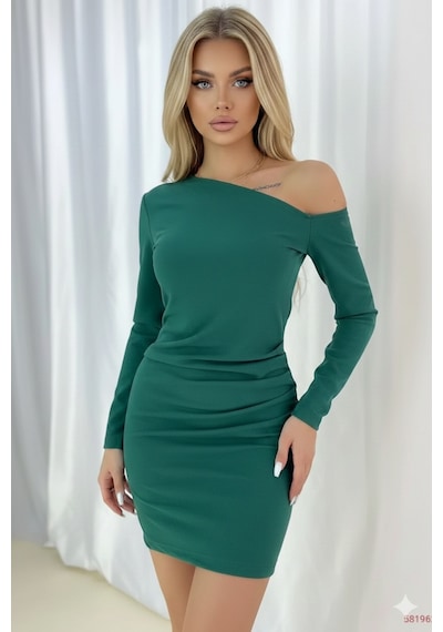 Defymoda Kadın Asimetrik Yaka Bodycon Elbise Yeşil
