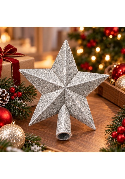Bakgelal Lüks Yılbaşı Çam Ağacı Tepeliği - 15x15 Cm Işıltılı Simli Gümüş Silver Yıldız Ağaç Süsü - 9000034886107 Diğer