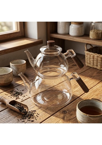 1800 Ml + 550 Ml Akasya Cam Çaydanlık Takımı - Ahşap Kulplu, Isıya Dayanıklı Borosilikat Şeffaf Çaydanlık, Yaylı Süzgeçli Şık Lüks Tasarım çok renkli