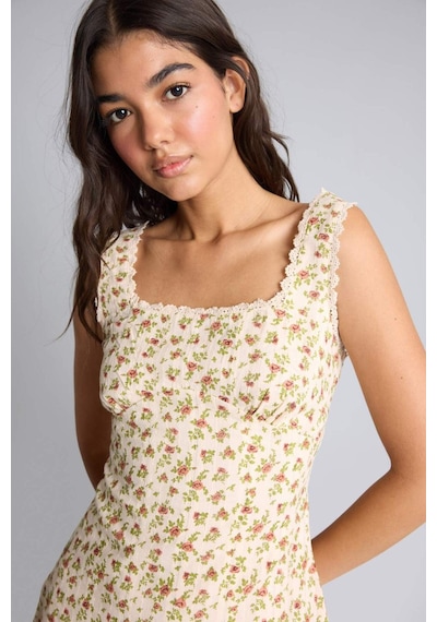 Defacto %100 Pamuk Bodycon Vücudu Saran Kare Yaka Çiçekli Askılı Mını Ecru Elbise H0989ax26smer105 Ekru-er105