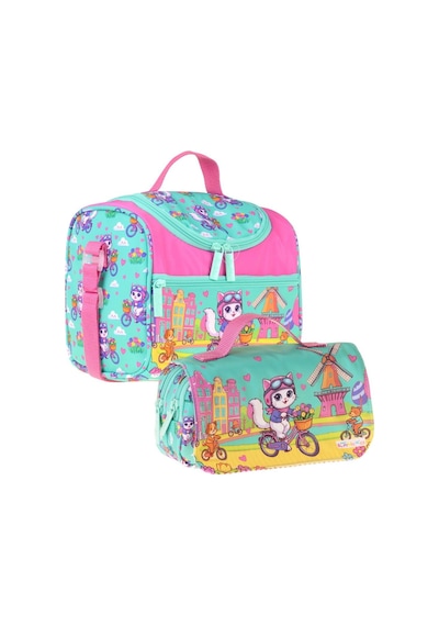 Kaukko Kids Kız Çocuk Bisikletli Kedi Baskılı Yeşil - Pembe Thermo Beslenme Çantası Ve Kalemlik Seti - Setkk-l5329 Kaukko Kids Kız Çocuk Bisikletli Kedi Baskılı Yeşil - Pembe Thermo Beslenme Çantası Ve Kalemlik Seti - Setkk-l5329