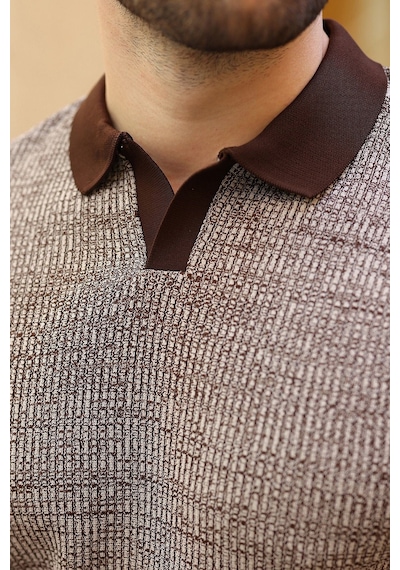 Madmext Kahverengi Polo Yaka Regular Fit Erkek Triko Tişört E7496 Taş Rengi