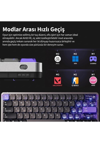 Nuphy Air60 He Hall Effect Magnetic Switch Manyetik Oyuncu Klavyesi Silver-magnetic Jade Pro