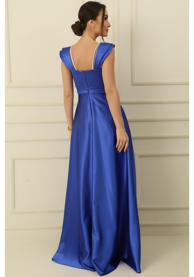 By Saygı Askılı Taş Detaylı Kare Yaka Astarlı Uzun Saten Elbise-35826 Saks