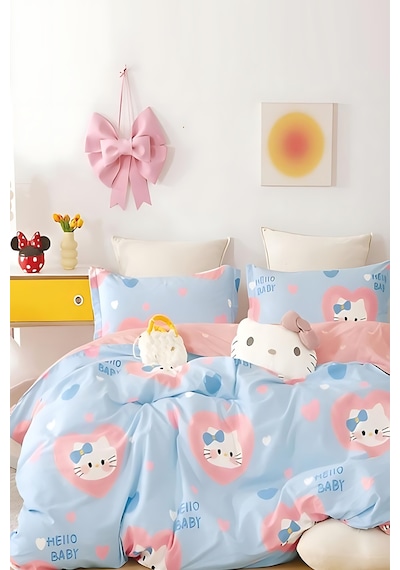 İqon Lastikli Çarşaflı Nevresim Takımı Tek Kişilik Hello Kitty Turkuaz Çok Renkli