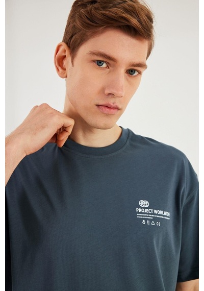 Leo Erkek Oversize Tshirt %100 Pamuk Bisiklet Yaka Baskı Detaylı Basic Tişört Mtlce78 Füme