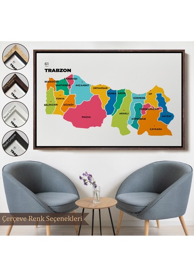 Çerçeveli Trabzon İli Ve İlçeler Haritası Dekoratif Kanvas Tablo-1469
