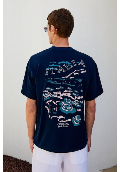 Grımelange ITALIA Erkek %100 Organik Pamuk Ön Arka Baskı Detaylı Oversize Kısa Kol Lacivert T-Shirt