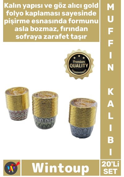 Muffin Şık Kaliteli Dayanıklı Kalın Pişirme Sunum Kabı Kağıt Gold Folyolu 20'li Muffin Kek Kapsülü Çok Renkli