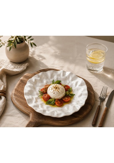 4'lü Kırışık Dokulu Beyaz Seramik Tabak El Yapımı Görünümlü Modern Dekoratif Servis Tabağı Çok Renkli