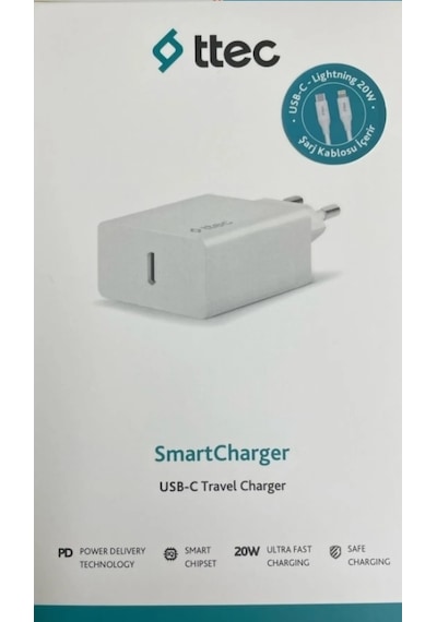 Ttec 2SCS22BL Smartcharger PD 20W Seyahat Hızlı Şarj Aleti - Usb-C - Lightning 150 CM Kablo