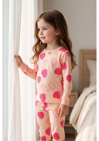 Zuzunga Kız Çocuk Strawberry - Çilek Desenli Uzun Kollu Pijama Takımı Pembe