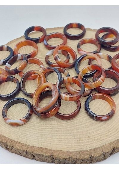 Akik Taşı Yüzük Kahve Siyah Beyaz Alacalı Faset Kesim 6mm Kalınlık 59920 Bakır