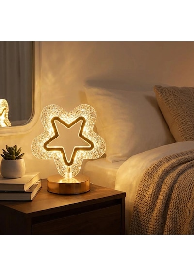 İçi Boş Yıldız Şeklinde Kristal Led Masa Lambası Dokunmatik, 3 Renk Işık Modlu, Şarjlı Mini Dekoratif Gece Lambası 5570 Beyaz