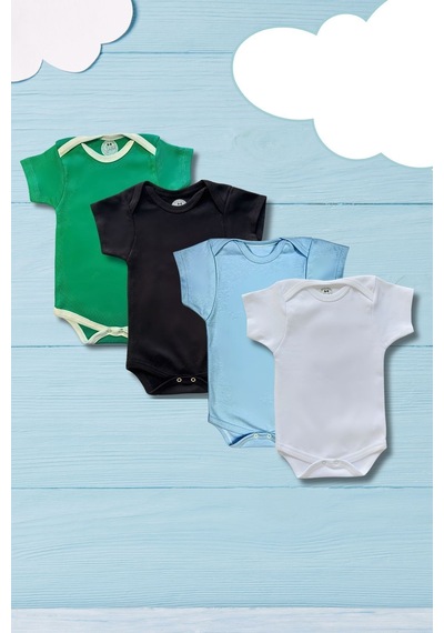 Betül Bebek Kısa Kollu 4'lü Organik Pamuk Çıtçıtlı Bebek Body & Zıbın Yeşil,siyah,mavi,beyaz Çok Renkli