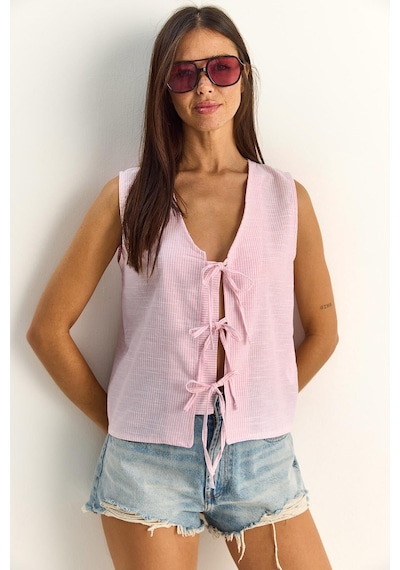 Shade Kadın %100 Pamuk Kalın Askılı Önden Bağlama Detaylı Çizgili Peplum Bluz 60282045 - Beyaz-pembe Çok Renkli