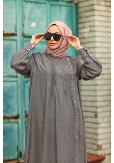 6508-denim Yandan Düğmeli Ferace Koyu Gri Koyu Gri