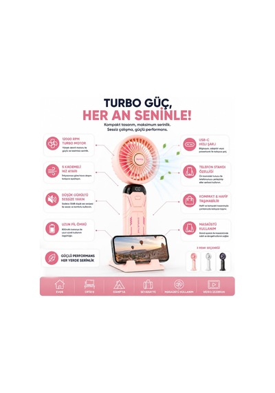 Şarjlı El Tipi Vantilatör, Telefon Standlı, 5 Kademeli Turbo Hava Akışı, Usb-c Şarjlı, Taşınabilir Mini Masaüstü Fan Diğer