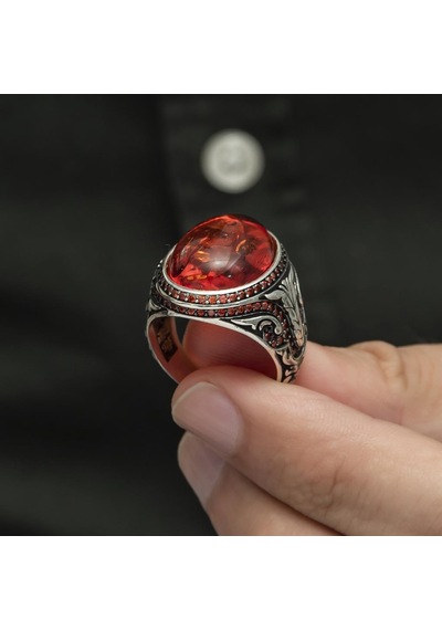 Oval Sentetik Kehribar Taşlı 925 Gümüş Erkek Yüzük