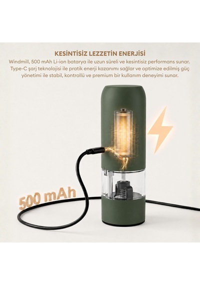 Pizen Windmill Usb Şarjlı Otomatik Baharat Öğütücü Led Işıklı Ayarlanabilir Tuz Karabiber Değirmeni Yeşil