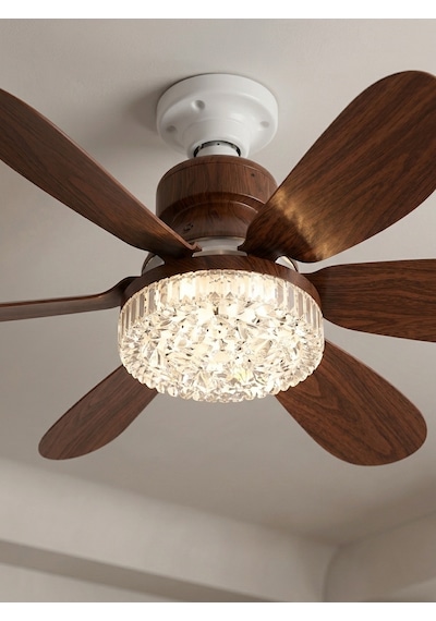 Crystal Aura 52 Cm Ultra Sessiz Ahşap Renk Led Tavan Vantilatörü 3 Kademeli Bakır Motor Kumandalı Kristal Avize Vantilatör