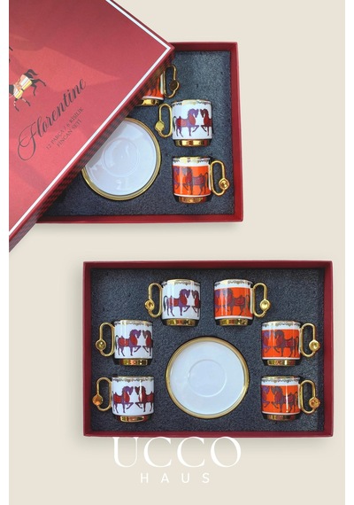 Altın Yaldızlı 6'lı 80 Ml Porselen Kahve Fincan Takımı At Motifli Premium Seri - Espresso Bardağı Beyaz-turuncu-gold Altın Yaldızlı 6'lı 80 Ml Porselen Kahve Fincan Takımı At Motifli Premium Seri - Espresso Bardağı Beyaz-turuncu-gold