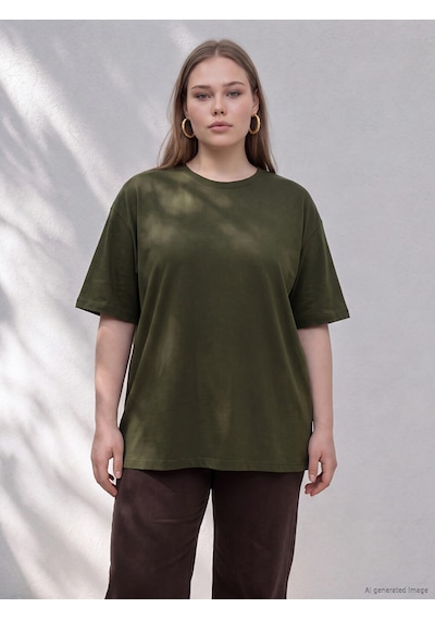 Lcw Curve Haki Büyük Beden %100 Pamuklu Oversize Kadın Tişört