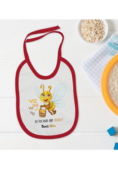 Babycim BK Kids Kişiye Özel Sevimli Arı Tasarımlı Kırmızı Bebek Mama Önlüğü Kırmızı