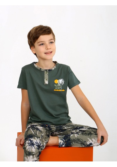 Vitmo Erkek Çocuk Kısa Kollu Düğme Detaylı %100 Pamuklu Pijama Takımı The Palm Yeşil