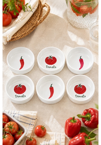 6 Lı Domates Ve Biber Desenli Seramik Çerezlik Seti 10 Cm Kahvaltılık Sosluk Reçellik Kase Takımı Beyaz