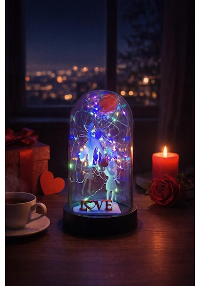 Fanus İçinde Çift Figürlü Love Yazılı Peri Led Dekoratif Sevgili, Yıl Dönümü, Doğum Günü Hediyesi Beyaz Kırmızı